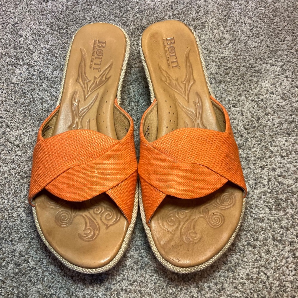 Born‎ Womens W21071 Orange Fabric Crisscross Wedge Sandals Size 8/39 Handcrafted